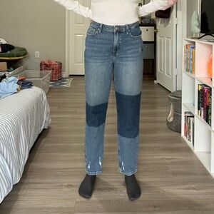 Blue patchwork straight leg jeans